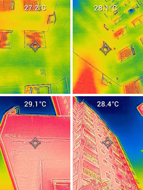 Quatro imagens térmicas de fachadas registradas em inspeção